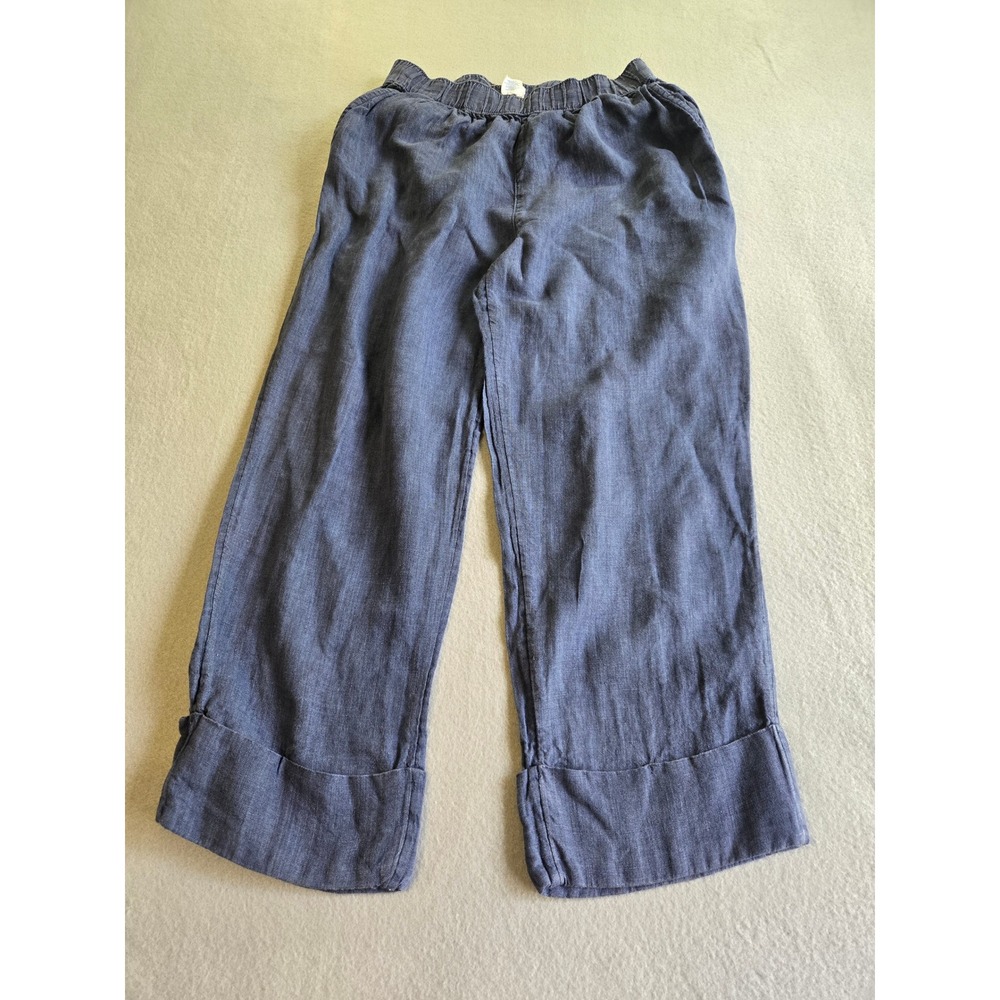 Sigrid Olsen Pants Womens Medium Blue 100% Linen Wide Leg Cropped Elastic Waist